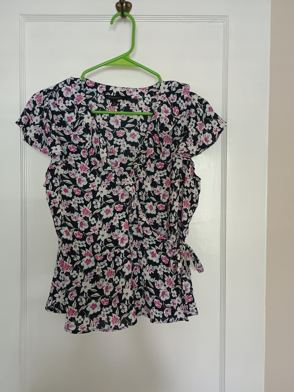 Banana Republic Navy Floral Wrap Blouse with Pink and White Blossoms